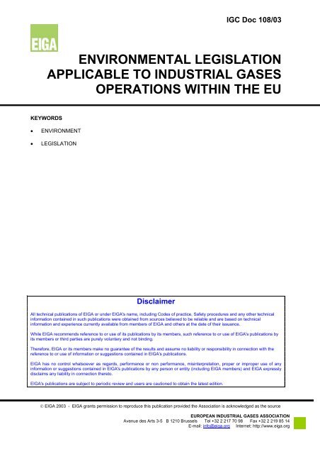 environmental legislation applicable to industrial gases ... - eiga