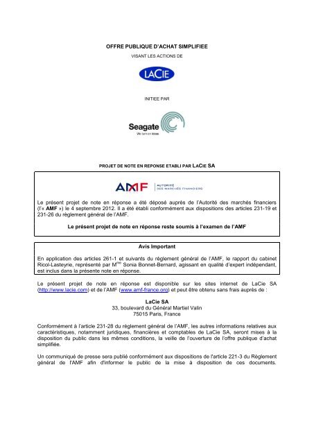 OFFRE PUBLIQUE D'ACHAT SIMPLIFIEE Le présent projet ... - LaCie