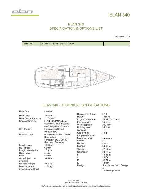 340 Spec &amp; Options Sept 10 - Elan Yachts