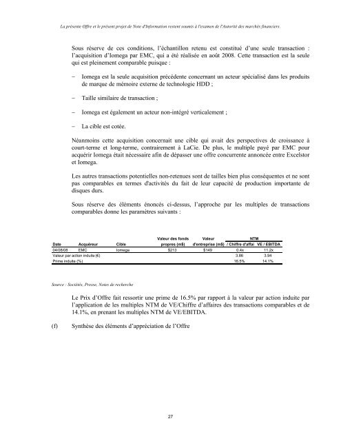 NOTE D'INFORMATION DE L'INITIATEUR RELATIVE A L ... - LaCie