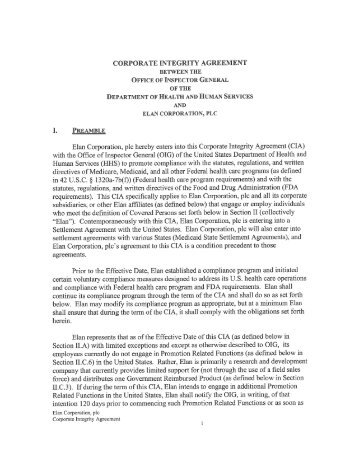 Elan Corporation, P.L.C. Corporate Integrity Agreement - Office of ...