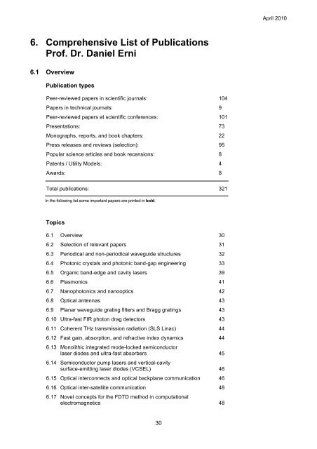 6. Comprehensive List of Publications Prof. Dr. Daniel Erni