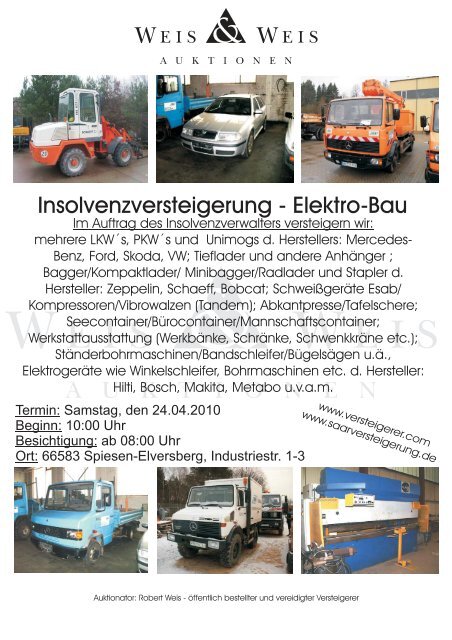 Insolvenzversteigerung - Elektro-Bau - Weis und Weis Auktionen ...