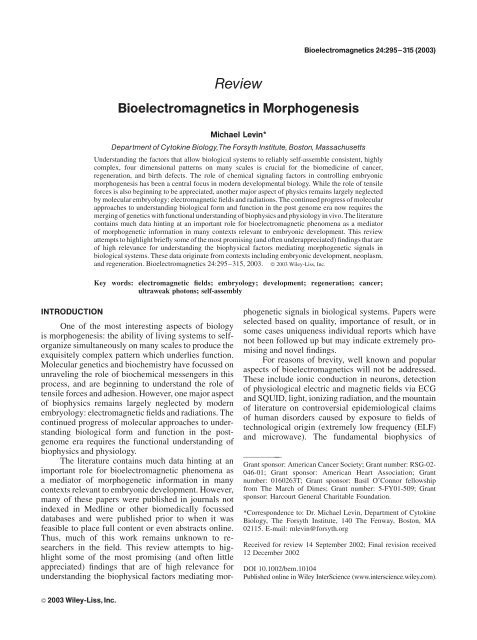 Bioelectromagnetics in Morphogenesis - Tufts University