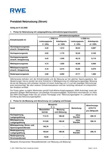 Preisblatt Netznutzung (Strom) - Westnetz