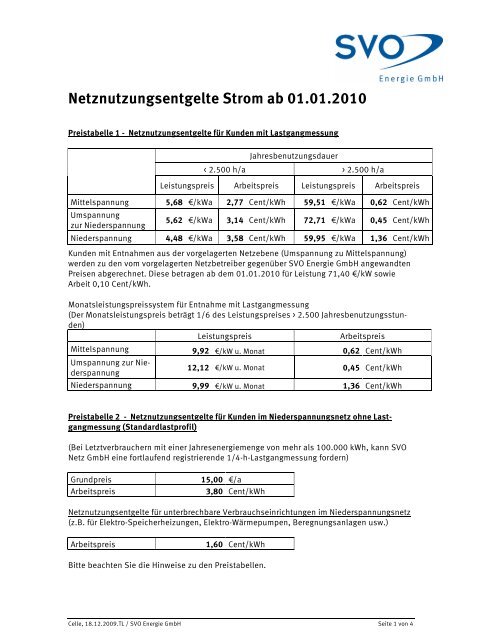 Netznutzungsentgelte Strom ab 01.01.2010 - SVO Energie GmbH