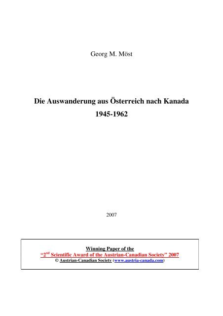 Die Auswanderung aus Österreich nach Kanada 1945-1962