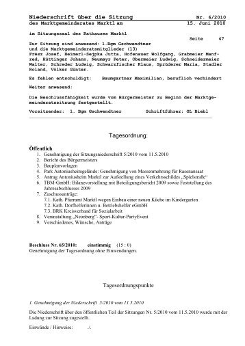 Protokoll zur Marktgemeinderatssitzung vom 15.06.10 - Markt Marktl