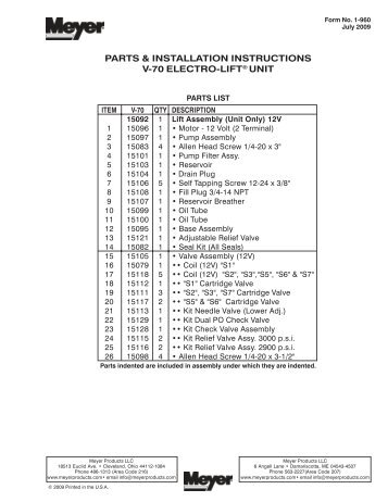 PARTS & INSTALLATION INSTRUCTIONS V-70 ELECTRO-LIFT ...