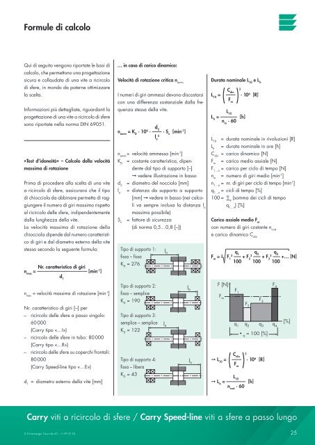 Formule di calcolo Carry viti a ricircolo di sfere / Carry Speed-line viti ...