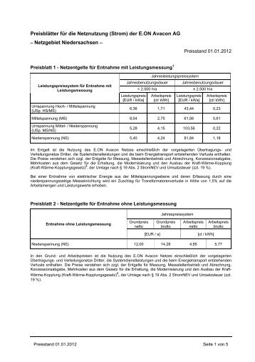 Preisblätter für die Netznutzung (Strom) der E.ON Avacon AG ...
