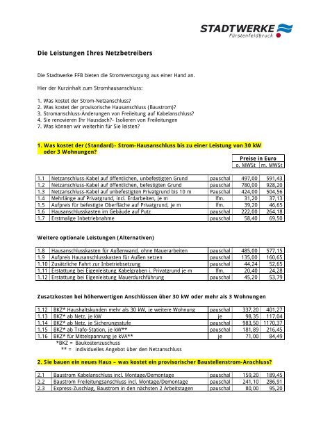 Die Leistungen Ihres Netzbetreibers Stadtwerke Ffb