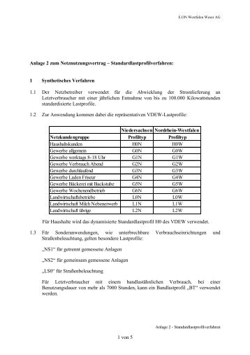 Anlage 2 zum Netznutzungsvertrag Standardlastprofilverfahren