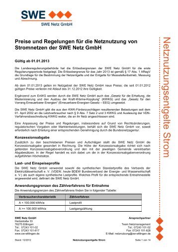 Netznutzungsentgelte ab 01.01.2013 - Stadtwerke Ettlingen GmbH