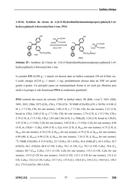 Synthèse de composés organométalliques et évaluation de leurs activités biologiques....