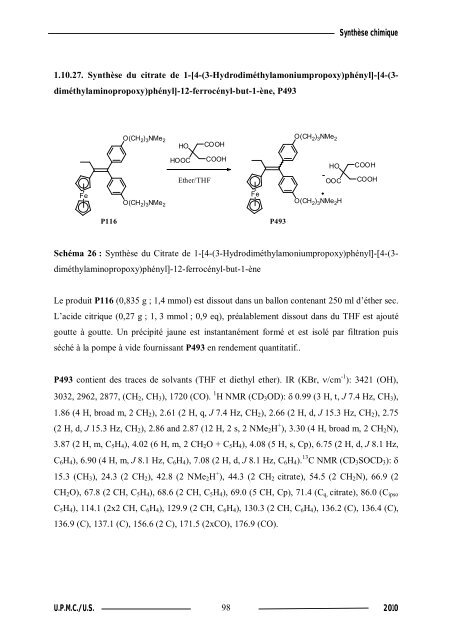 Synthèse de composés organométalliques et évaluation de leurs activités biologiques....