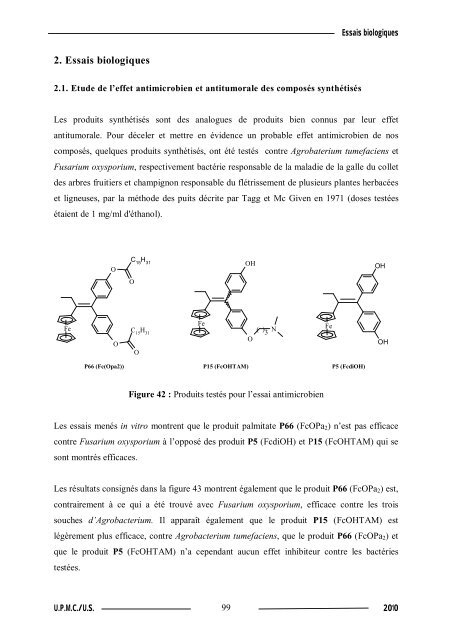 Synthèse de composés organométalliques et évaluation de leurs activités biologiques....