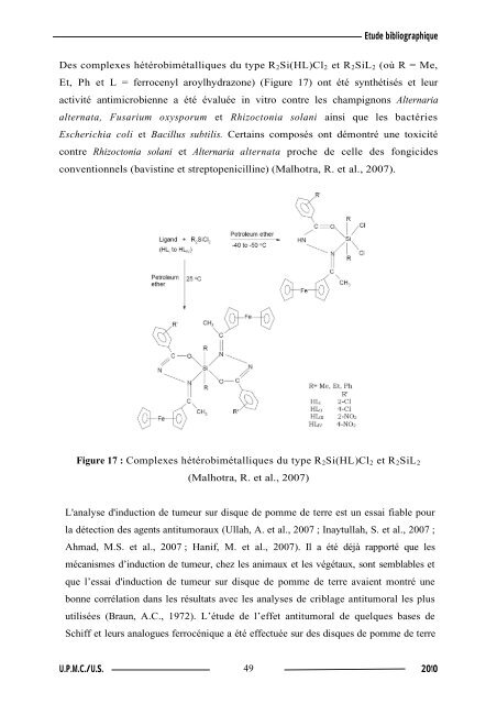 Synthèse de composés organométalliques et évaluation de leurs activités biologiques....