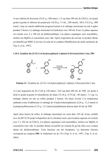 Synthèse de composés organométalliques et évaluation de leurs activités biologiques....