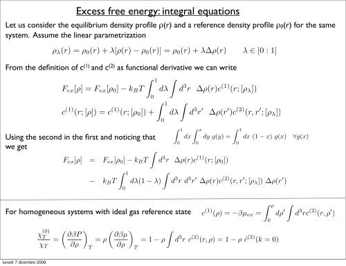 Excess free energy: integral equations