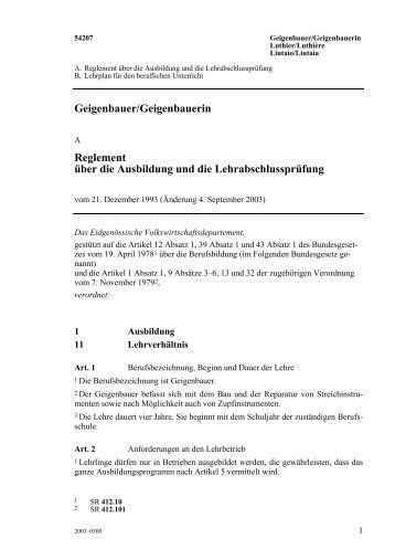 Geigenbauer/Geigenbauerin Reglement über die Ausbildung und ...