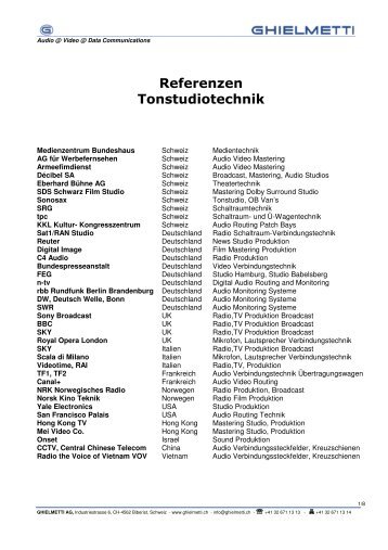 Referenzen Tonstudiotechnik - Ghielmetti