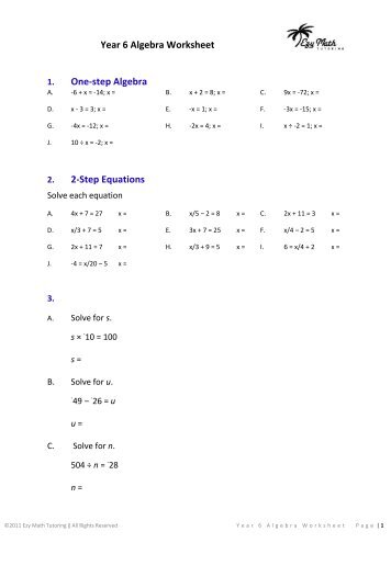 Year 6 Algebra Worksheet One-step Algebra 2 ... - Maths Tutoring