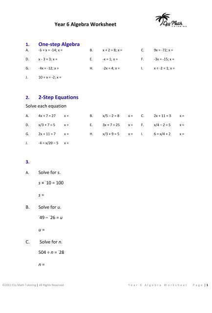Year 6 Algebra Worksheet One Step Algebra 2 Maths Tutoring