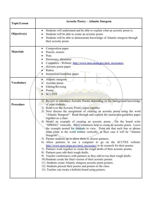 Topic/Lesson Acrostic Poetry – Atlantic Sturgeon Objective(s ... - NOAA