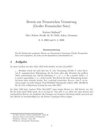 Beweis zur Fermatschen Vermutung (Großer ... - Norbert Südland