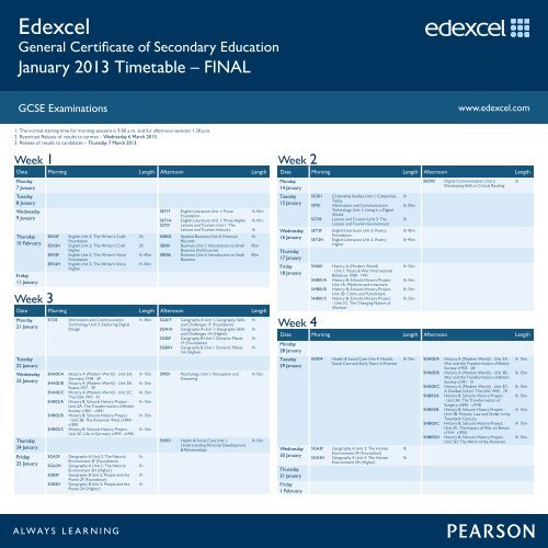Edexcel GCSE Timetable January 2013 - Sussex Downs College