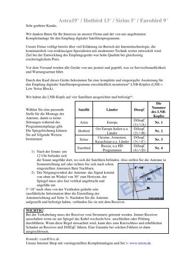 Astra19° / Hotbird 13° / Sirius 5° / Eurobird 9°