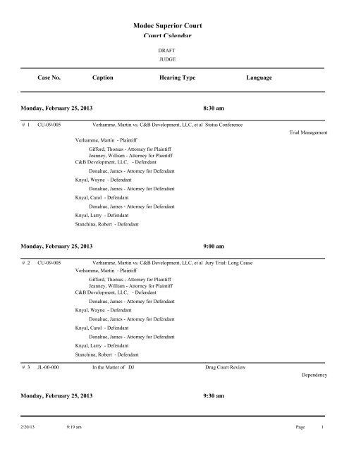 Modoc Superior Court Court Calendar - Modoc County Superior ...