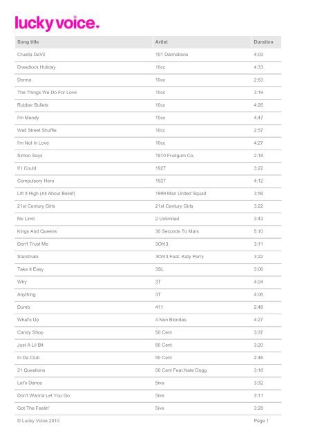 Lucky Voice Home Song List