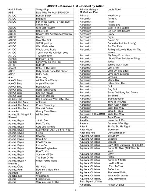 JCCC3 â€“ Karaoke List â€“ Sorted by Artist - Paul and Storm