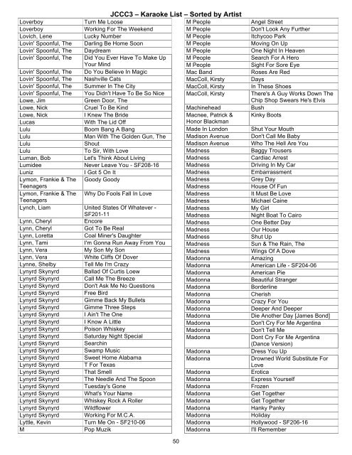 JCCC3 â€“ Karaoke List â€“ Sorted by Artist - Paul and Storm