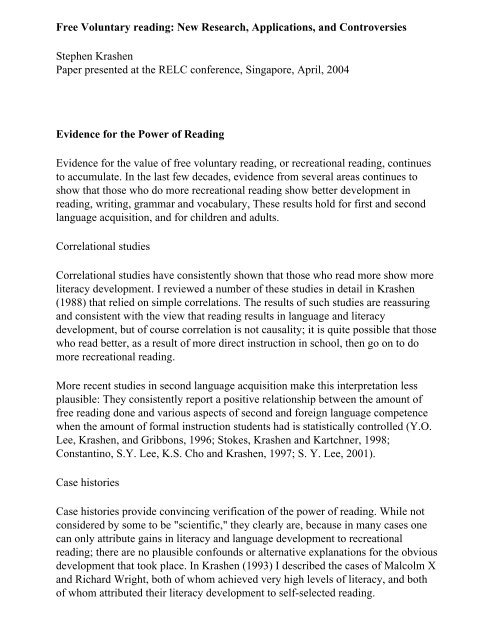 Free Voluntary Reading New Research Stephen Krashen - 