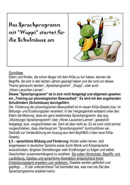 Wuppi Arbeitsblätter
 Sprachprogramm mit "Wuppi" Kindergärten Gunzenbach Hohl