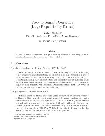 Proof to Fermat's Conjecture (Large Proposition ... - Norbert Südland