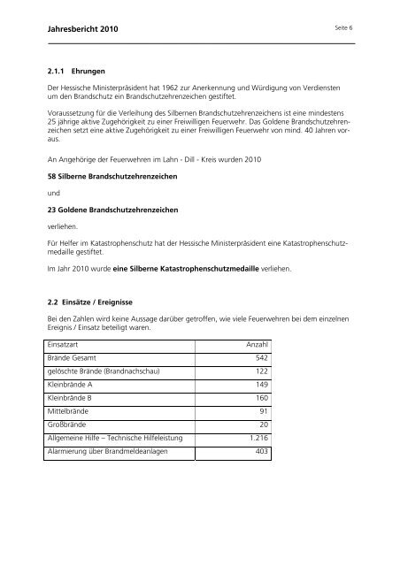 Jahresbericht 2010 Abteilung Brandschutz ... - Lahn-Dill-Kreis