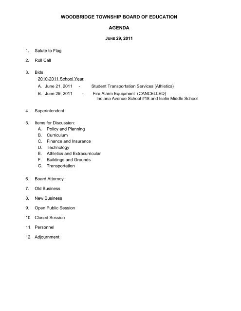 WOODBRIDGE TOWNSHIP BOARD OF EDUCATION AGENDA