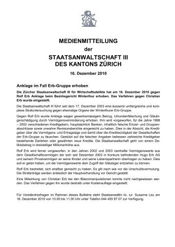 Medienmitteilungen 2010 - Staatsanwaltschaften - Kanton Zürich