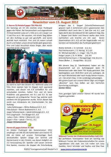 Newsletter vom 13. August 2012 - Tennis in Schwentinental