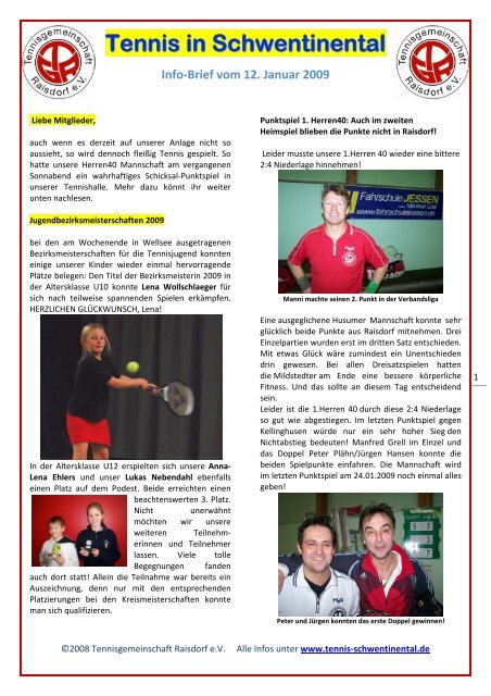 Info-Brief vom 12. Januar 2009 - Tennis in Schwentinental