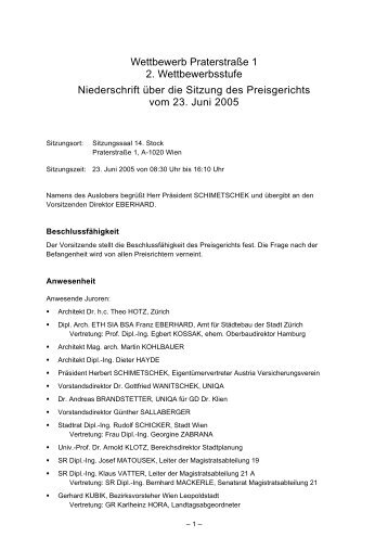 Protokoll der Sitzung des Preisegerichts, 2. Stufe vom
