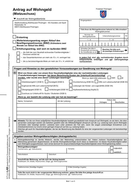 Antrag auf Wohngeld (Mietzuschuss) - (Thüringen ... - Mühlhausen