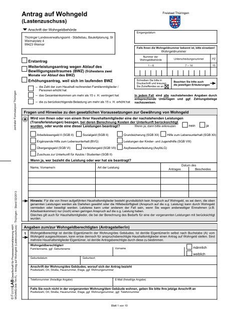 Antrag auf Wohngeld (Lastenzuschuss) - (Thüringen) - Zentraler ...