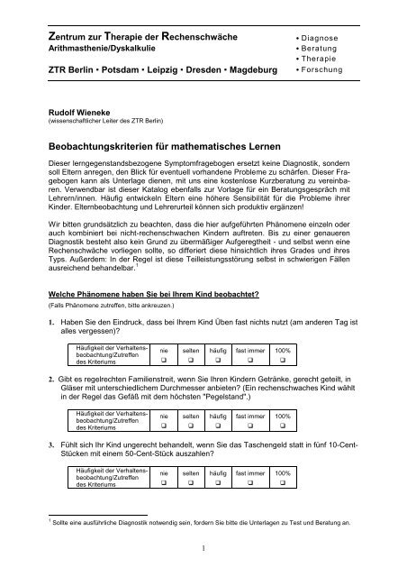 Beobachtungskriterien für mathematisches Lernen (als pdf ... - ZTR
