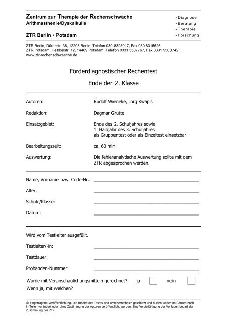 Förderdiagnostischer Rechentest Ende der 2. Klasse - ZTR