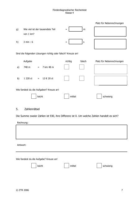 Förderdiagnostischer Rechentest Ende der 4. Klasse - ZTR